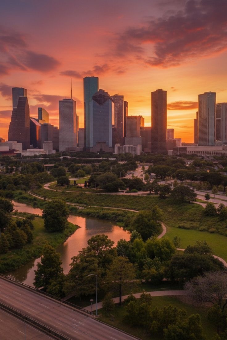 Houston skyline glowing at sunset above the bayou and green park