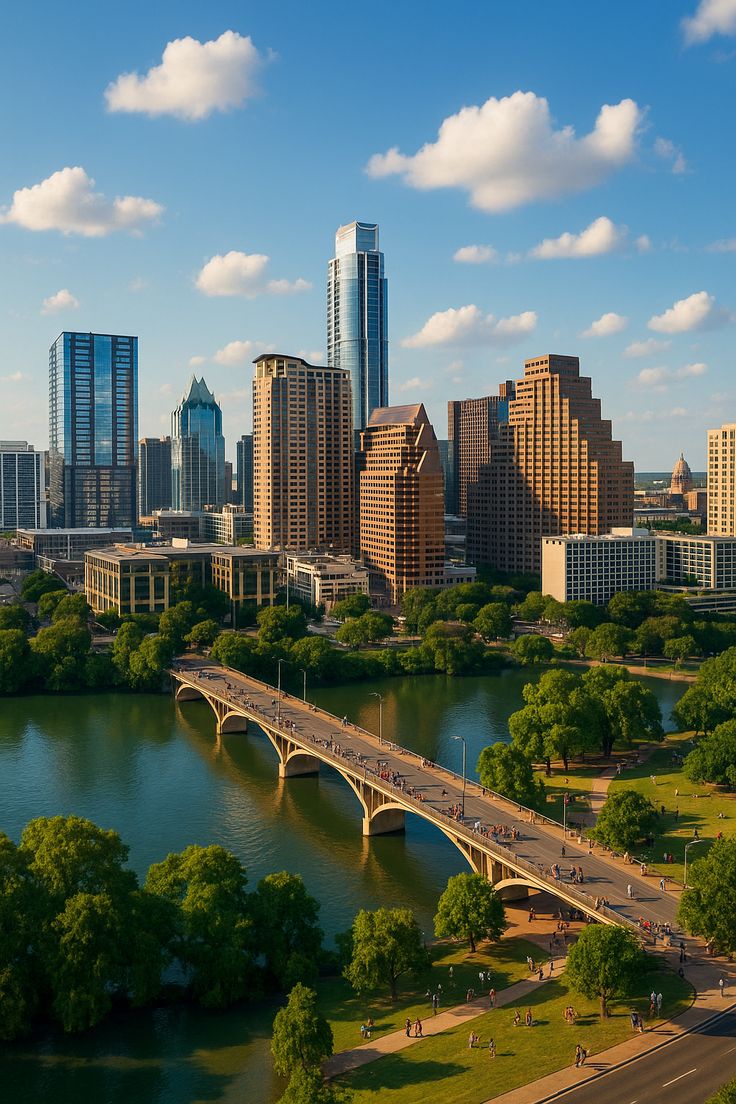 Austin skyline with the Congress Avenue bridge spanning Lady Bird Lake on a sunny day
